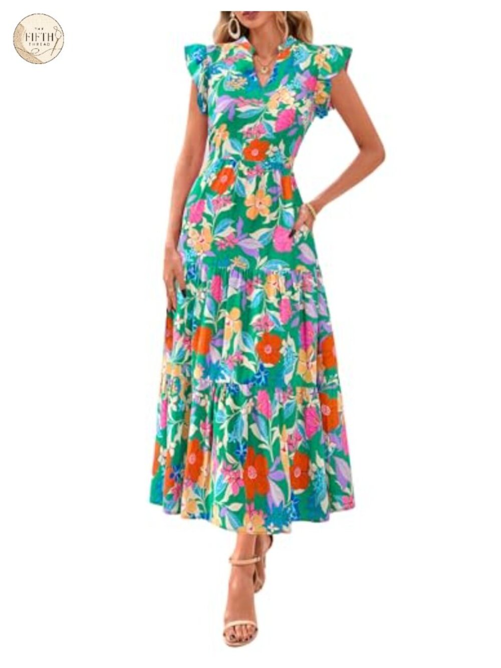 Women's Summer Boho Floral Midi Dress Cap Sleeve Tiered A-Line